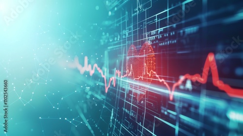 A vibrant digital illustration of a heart rate monitor with red pulses on a glowing teal background, combined with futuristic data elements and graphs. AI generated.