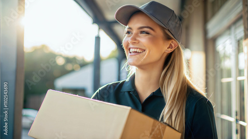 Portrait of pretty blonde female in uniform, delivery worker, woman delivering package, people at work, blue collar job photo