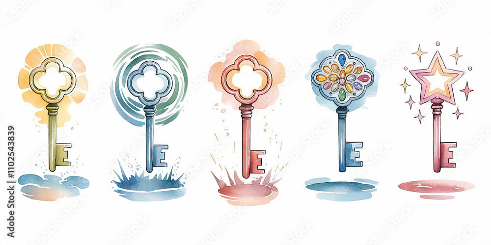 Watercolor Illustration of Floating Keys in Whimsical Style Watercolor Illustration of Floating Keys in Whimsical Style