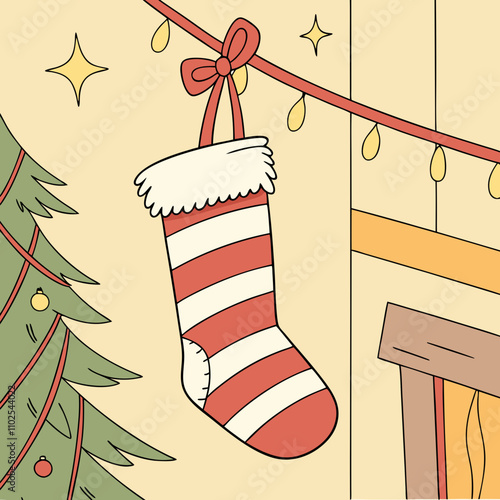 Striped red and white Christmas stocking with festive design