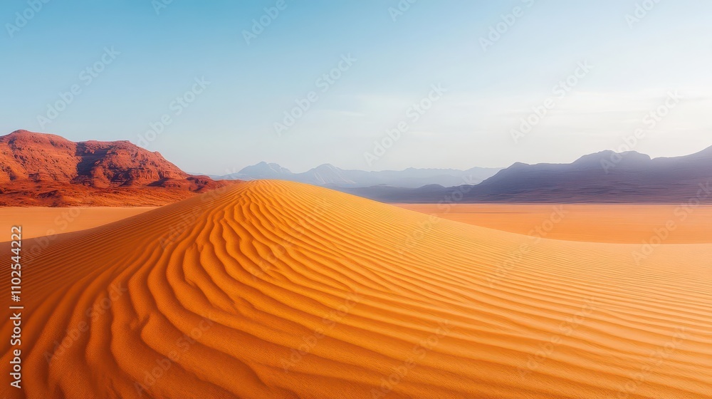 Fototapeta premium A sand dune rippled by the wind, golden hour light emphasizing intricate textures, wideangle lens, cinematic style