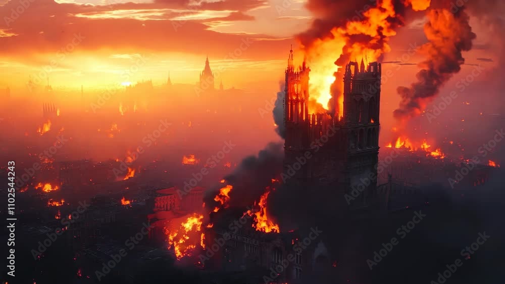 Devastated city under attack showing burning building at sunset 4K Video Devastated city under attack showing burning building at sunset 4K Video