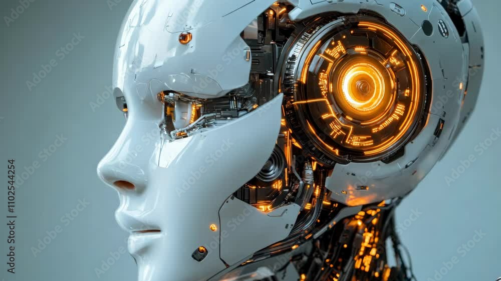 Closeup of a Futuristic White Robot's Head with Glowing Internal Circuits. 4K Video Closeup of a Futuristic White Robot's Head with Glowing Internal Circuits. 4K Video