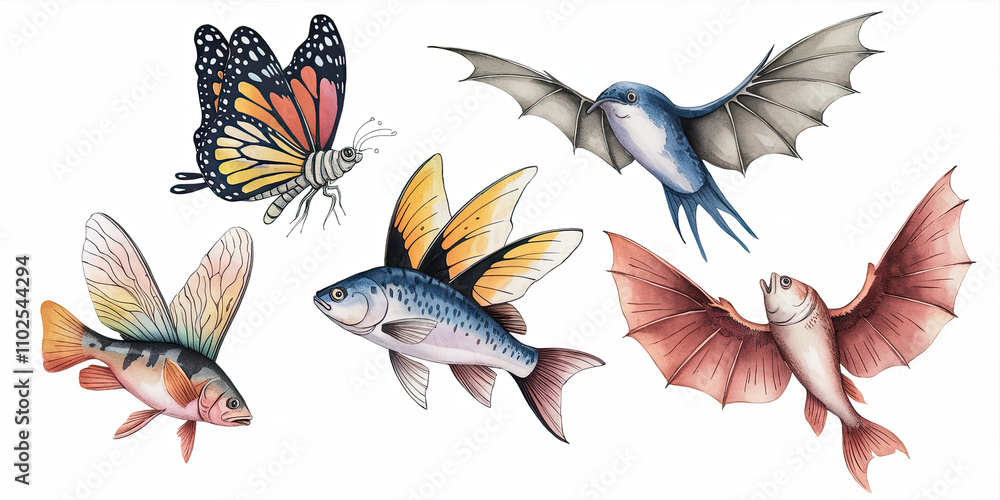 Fototapeta premium Watercolor Illustration of Five Flying Fish