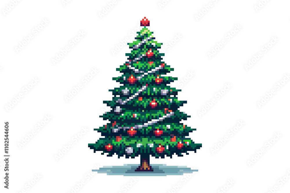 Pixel Christmas tree decorated with Christmas tree decorations and topped with a shining star. Pixel Christmas tree decorated with Christmas tree decorations and topped with a shining star.
