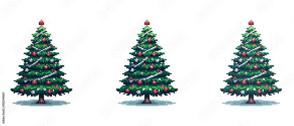 Pixel Christmas tree decorated with Christmas tree decorations and topped with a shining star. Pixel Christmas tree decorated with Christmas tree decorations and topped with a shining star.