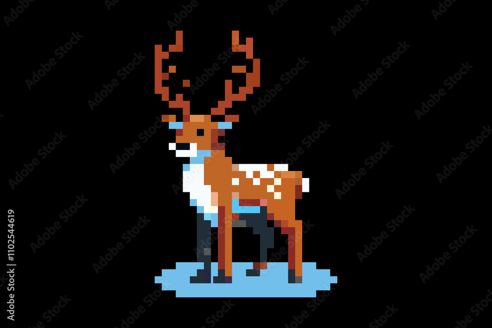 Obraz premium Pixel deer with big antlers on black background in retro video game style.