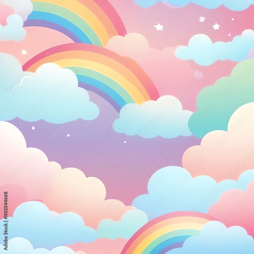 Pastel Rainbow Dreamscape: A whimsical illustration of fluffy clouds and vibrant rainbows against a soft pink sky, evoking a feeling of joy and serenity. Pastel Rainbow Dreamscape: A whimsical illustration of fluffy clouds and vibrant rainbows against a soft pink sky, evoking a feeling of joy and serenity.