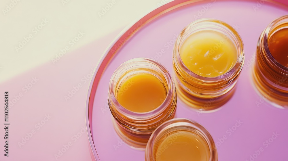 Assorted Natural Ointments in Glass Jars Displayed on Pink Background Assorted Natural Ointments in Glass Jars Displayed on Pink Background