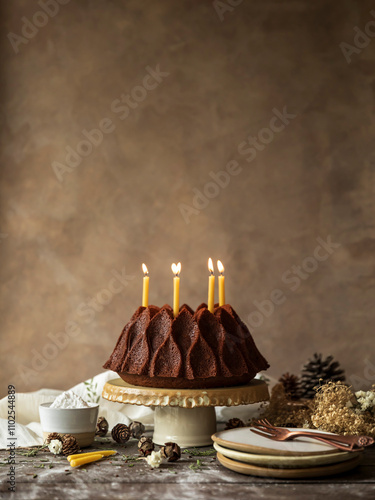 Christmas cake with candles on top. Rustic Mood and christmas decoration photo