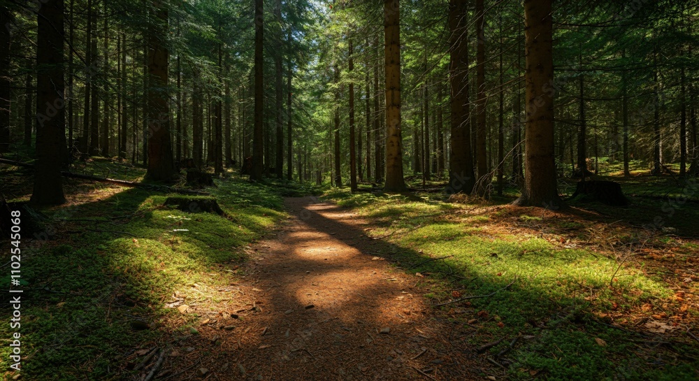 Fototapeta premium A peaceful hiking trail through a forest with sunlight filtering through the trees