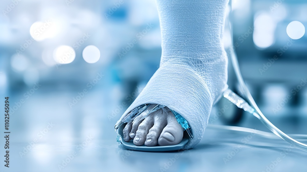Close-up of toes peeking out from a plaster cast on a broken leg, with an IV stand and softly blurred hospital lights in the background Close-up of toes peeking out from a plaster cast on a broken leg, with an IV stand and softly blurred hospital lights in the background