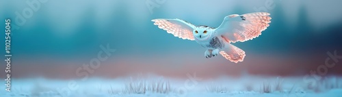 A snowy owl midflight through a frozen tundra, blurred wings for motion effect, cool tones, minimalistic composition, watercolor style