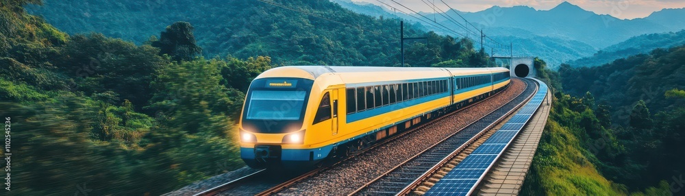 A solarpowered train speeding through a pristine mountain landscape, emitting no pollution as it winds through tunnels and over ecofriendly bridges A solarpowered train speeding through a pristine mountain landscape, emitting no pollution as it winds through tunnels and over ecofriendly bridges