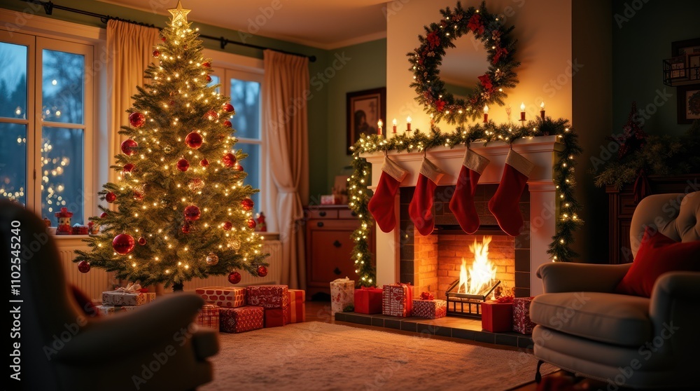 Cozy living room with Christmas tree and fireplace adorned with stockings Cozy living room with Christmas tree and fireplace adorned with stockings