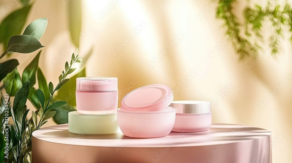 Elegant Display of Cosmetic Cream Jars on Soft Natural Background Elegant Display of Cosmetic Cream Jars on Soft Natural Background