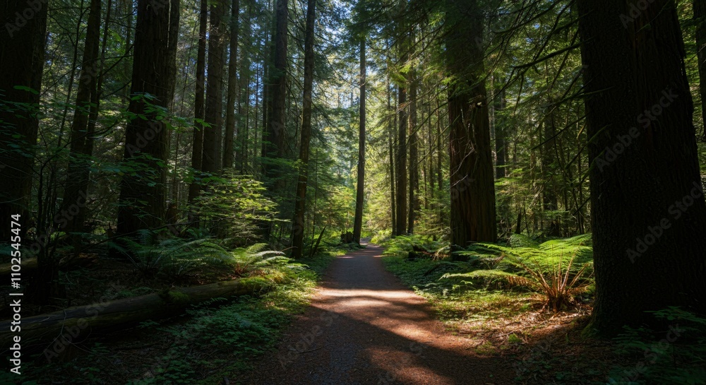 Obraz premium A peaceful hiking trail through a forest with sunlight filtering through the trees