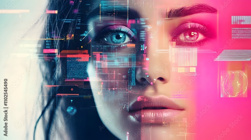 A close-up portrait of a futuristic human face, blending realism and technology. Authentication by facial recognition concept. Biometric. Security system. A close-up portrait of a futuristic human face, blending realism and technology. Authentication by facial recognition concept. Biometric. Security system.