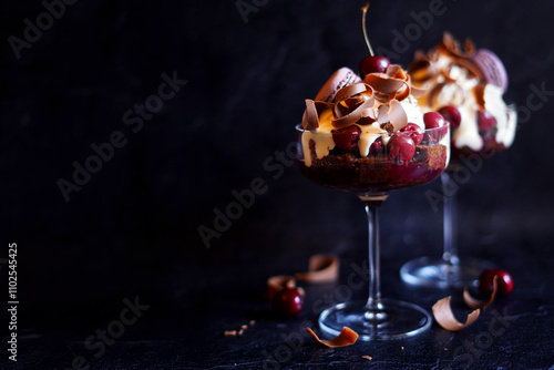 Black Forest Cherry and Chocolate Individual Trifles. Horizontal Orientation with Negative Space. photo