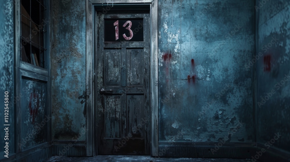 A decaying door marked with the number 13 sits in a dark, eerie, abandoned room, creating a sense of dread and mystery. Ideal for horror, haunted, and supernatural themes. AI generated. A decaying door marked with the number 13 sits in a dark, eerie, abandoned room, creating a sense of dread and mystery. Ideal for horror, haunted, and supernatural themes. AI generated.