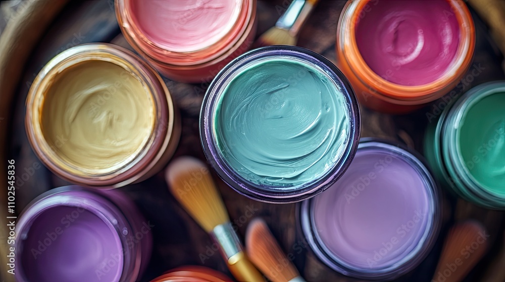 Colorful Paint Jars and Brushes Arranged on a Wooden Surface Colorful Paint Jars and Brushes Arranged on a Wooden Surface