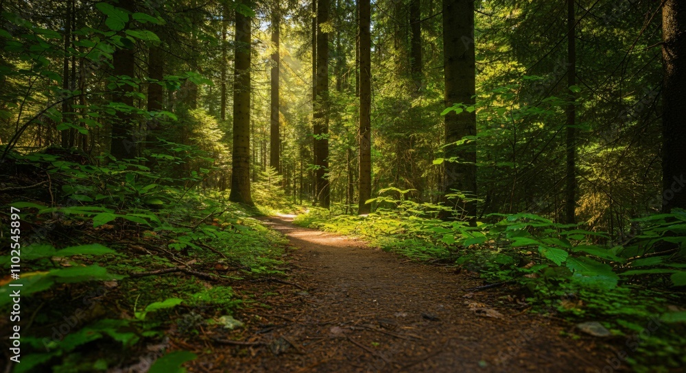 A peaceful hiking trail through a forest with sunlight filtering through the trees A peaceful hiking trail through a forest with sunlight filtering through the trees
