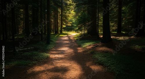 A peaceful hiking trail through a forest with sunlight filtering through the trees