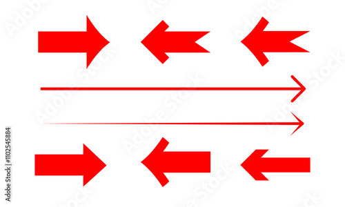 arrows red icon with straight forward direction isolated on white backgroun. set of left and right arrow vector