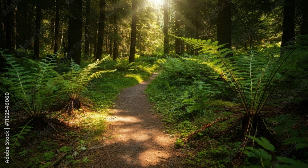 Obraz premium A peaceful hiking trail through a forest with sunlight filtering through the trees