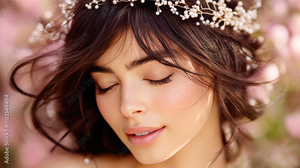 Soft Focus Portrait of Woman with Floral Headpiece and Pink Background Soft Focus Portrait of Woman with Floral Headpiece and Pink Background