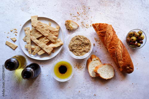 Australian Wattle Seed Dukkah and Crackers Served with Olive Oil and Balsamic Vinegar with Crusty Baguette Bread.