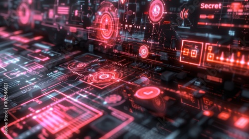 A complex digital 3D render showcasing a futuristic red-toned interface with various technical elements and the word Secret prominently displayed. Ideal for technology, cyber security, or sci-fi