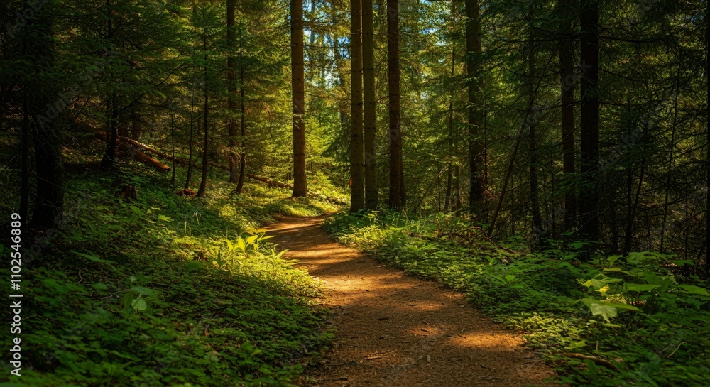 Obraz premium A peaceful hiking trail through a forest with sunlight filtering through the trees