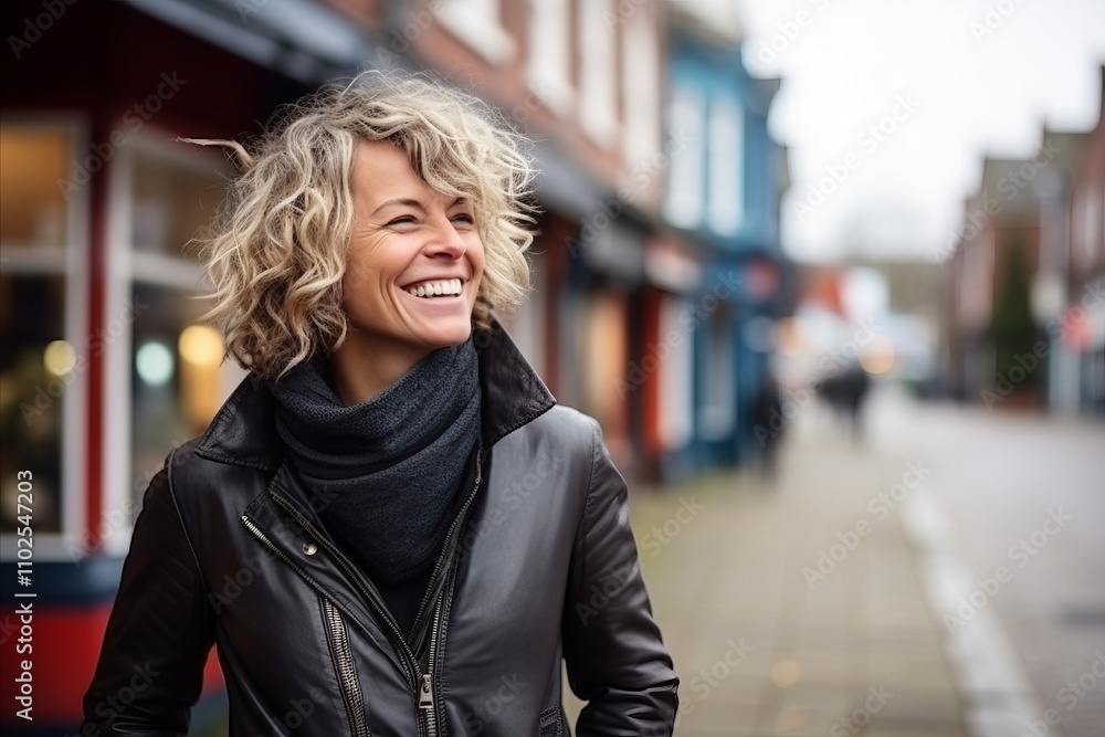 Portrait of a beautiful young woman with curly blond hair smiling in the street Portrait of a beautiful young woman with curly blond hair smiling in the street
