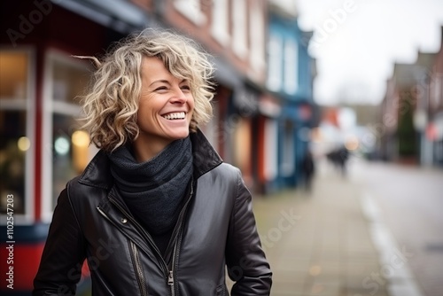 Portrait of a beautiful young woman with curly blond hair smiling in the street