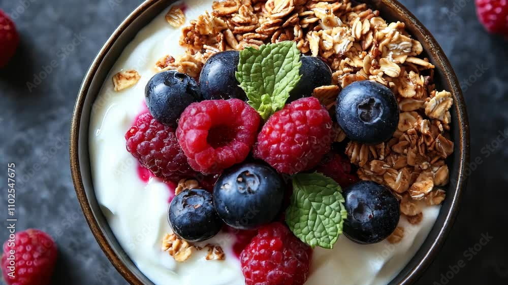 The perfect breakfast bowl with greek yogurt, fresh mixed berries, granola, and mint leaves will get you started on the right foot. 4K Video The perfect breakfast bowl with greek yogurt, fresh mixed berries, granola, and mint leaves will get you started on the right foot. 4K Video