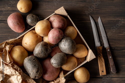 Group of different type of potatoes: purple potatoes, red potatoes, and russet potatoes, on dark wooden table.