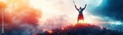 A victorious knight in shining armor standing atop a glowing battlefield, holding a sword aloft as sunlight pierces through storm clouds