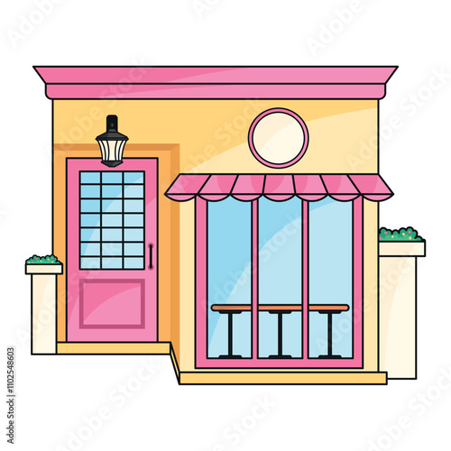 Yellow storefront with pink awning details, Vector