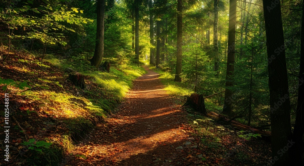 Obraz premium A peaceful hiking trail through a forest with sunlight filtering through the trees
