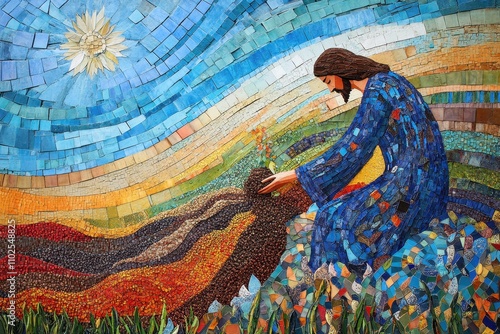 Modern Interpretation of the Parable of the Sower with Vibrant Collage and Jesus Tending to Plants