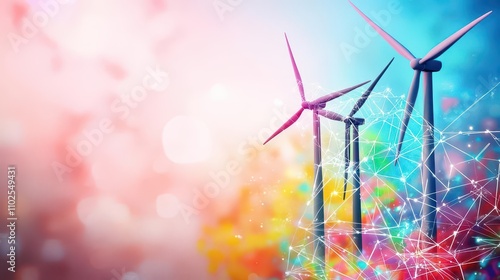 AI and sustainability watercolor wind turbines connected by digital lines in a colorful ecolandscape photo