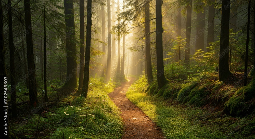 A peaceful hiking trail through a forest with sunlight filtering through the trees A peaceful hiking trail through a forest with sunlight filtering through the trees