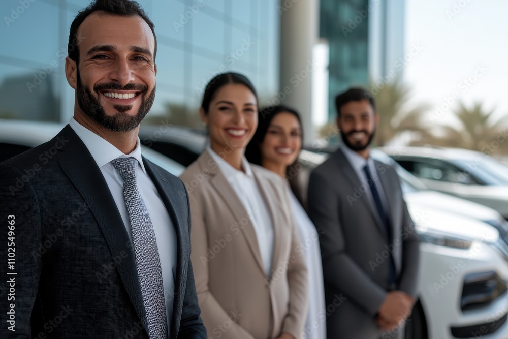 A group of four professionals smiling brightly outside a luxury car dealership, projecting confidence and success while showcasing their business attire and camaraderie. A group of four professionals smiling brightly outside a luxury car dealership, projecting confidence and success while showcasing their business attire and camaraderie.