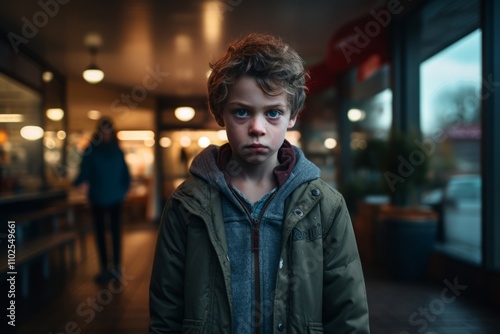 Portrait of a boy in a city street at night, looking at camera