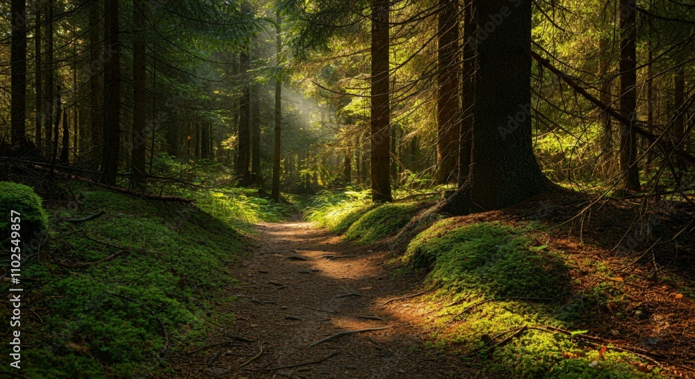 Fototapeta premium A peaceful hiking trail through a forest with sunlight filtering through the trees