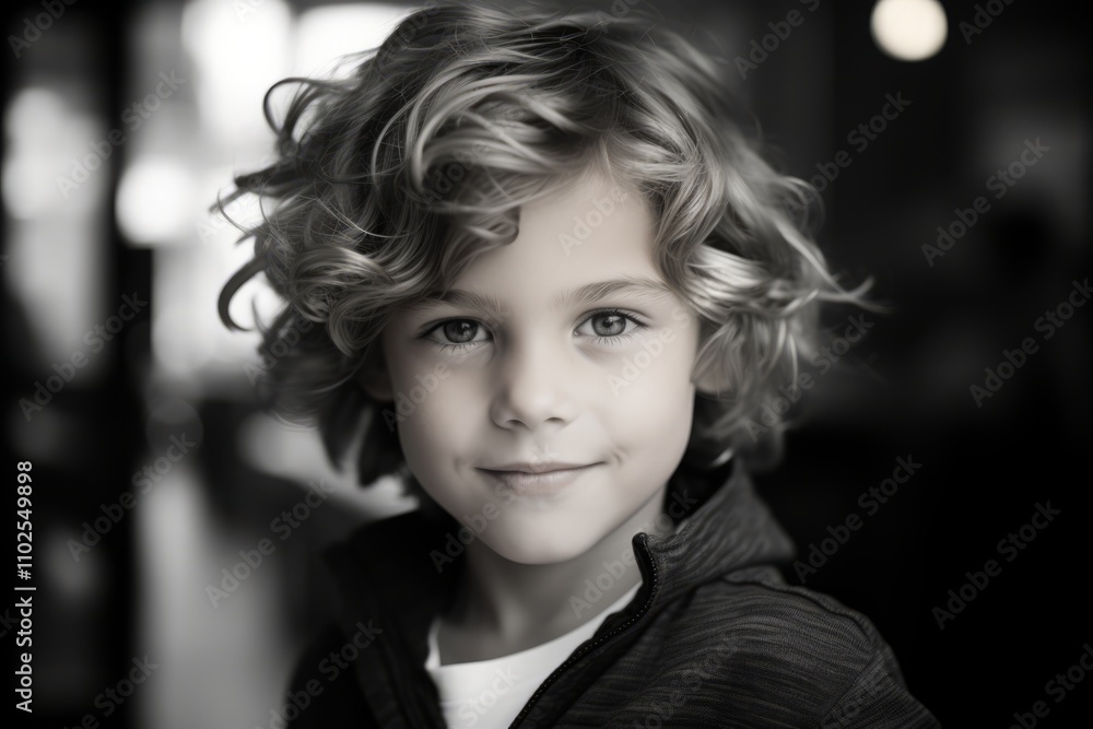Portrait of a cute little boy with curly hair. Black and white. Portrait of a cute little boy with curly hair. Black and white.
