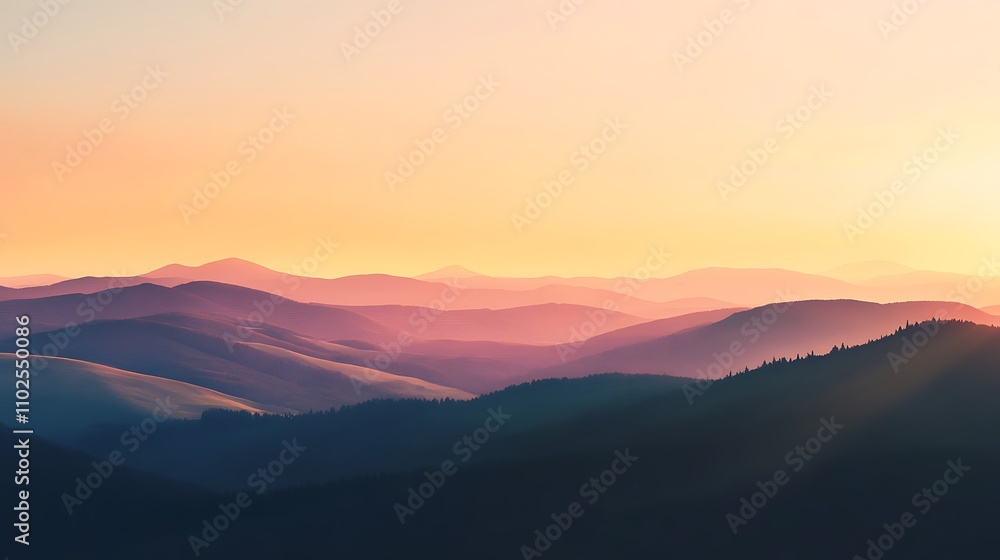 Scenic view rolling hills and a sunset, illustrated in watercolor Scenic view rolling hills and a sunset, illustrated in watercolor