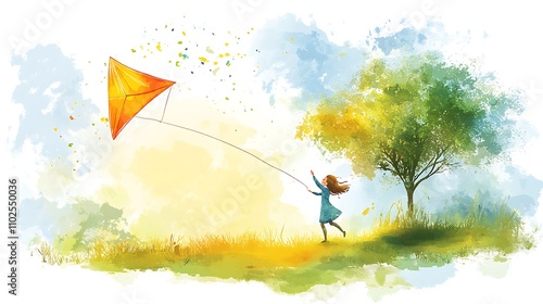 A dynamic illustration a child flying a kite on a sunny day, depicted in watercolor