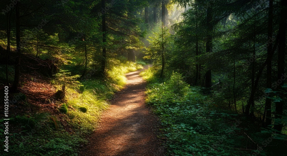Obraz premium A peaceful hiking trail through a forest with sunlight filtering through the trees